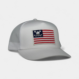 SKULL FLAG TRUCKER — 5 Panel Snapback — Silver