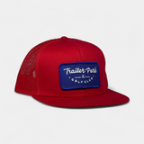 BLUE PATCH TRUCKER — 6 Panel Flatbill — Red