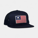 SKULL FLAG TRUCKER — 6 Panel Flatbill — Navy